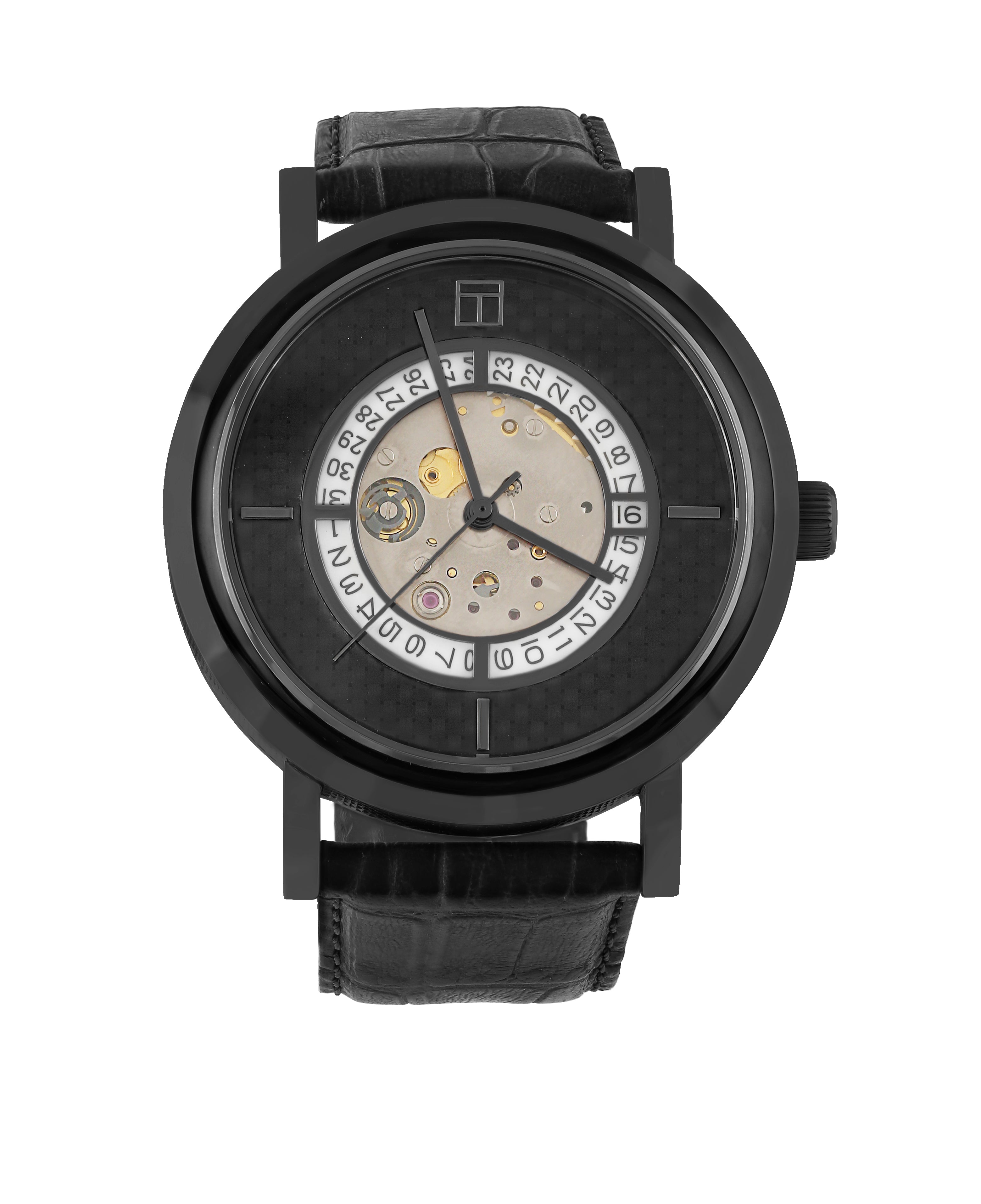 Esposto Automatic Watch In Black IP Plated Stainless Steel with Black Leather