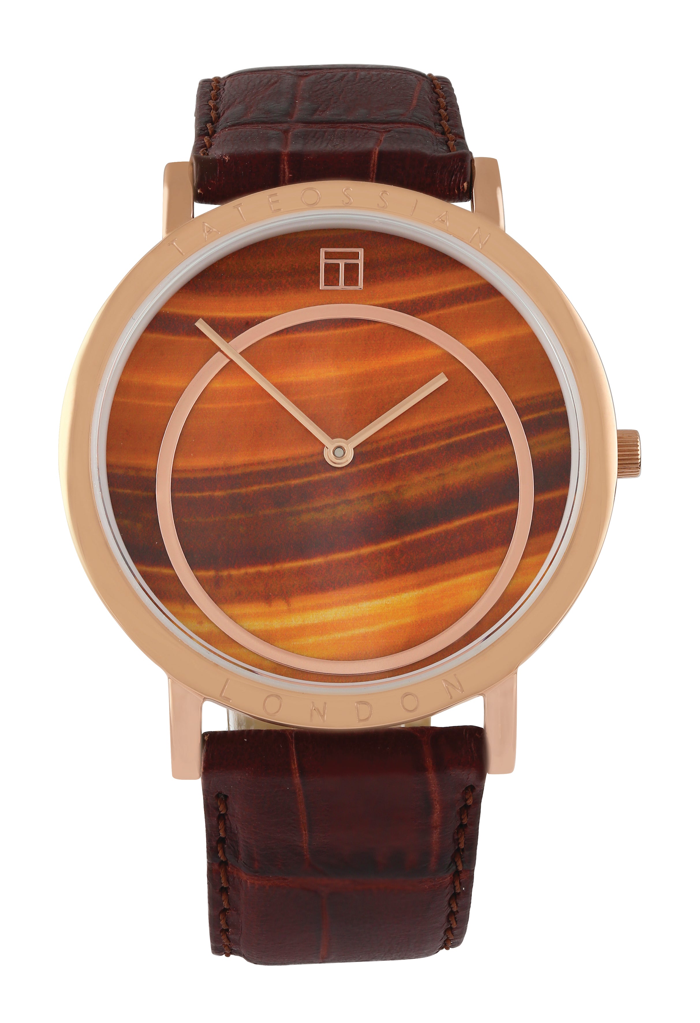Prezioso Leather Watch In Brown With Tiger Eye And Rose Gold Plated Steel