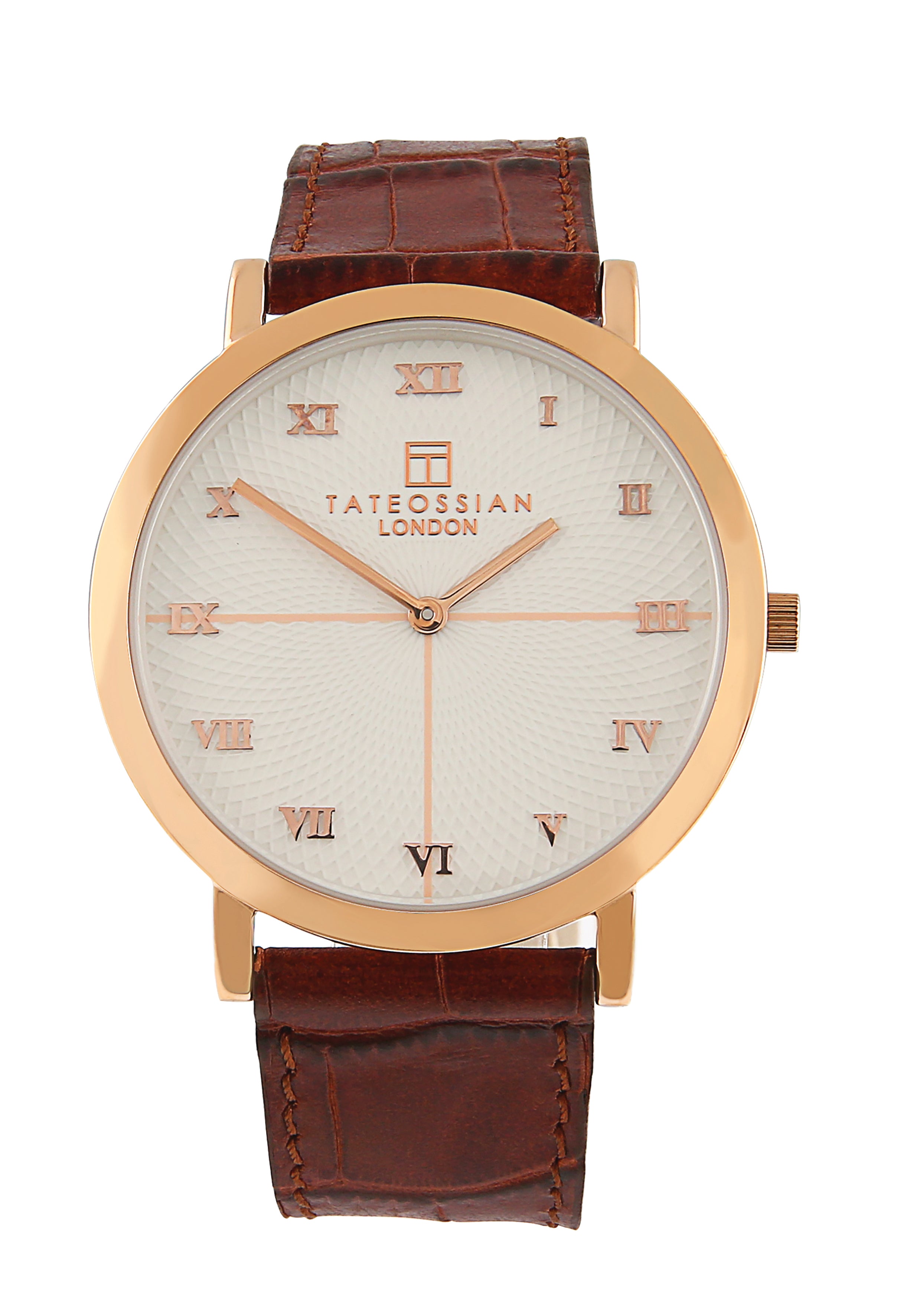 Rotondo Guilloche Ultra Slim Leather Watch In Brown With Rose Gold Plated