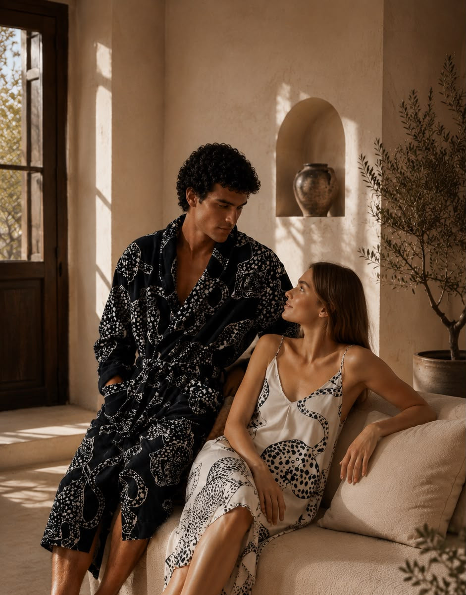 A man and a woman relax on a cream-colored sofa in a warm, sunlit room. The man wears a black robe with a white paisley pattern, and the woman wears a matching white camisole and skirt set with a black paisley motif.