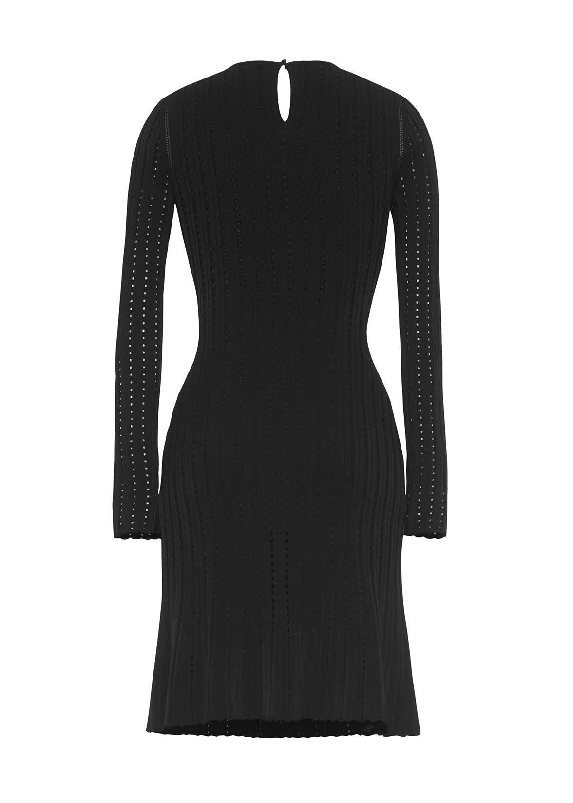 A flat lay of the back of the Pointelle Knit Short Dress in Black. The Dress hits mid-thigh and has long sleeves.