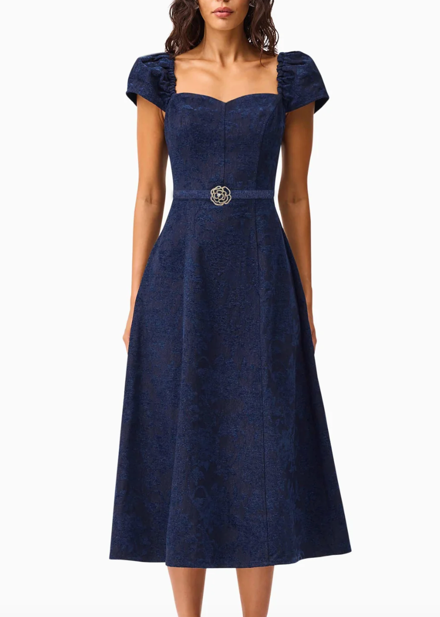 Elliatt Melody Jacquard Short Sleeve Midi Dress  - Blue Size S/UK8