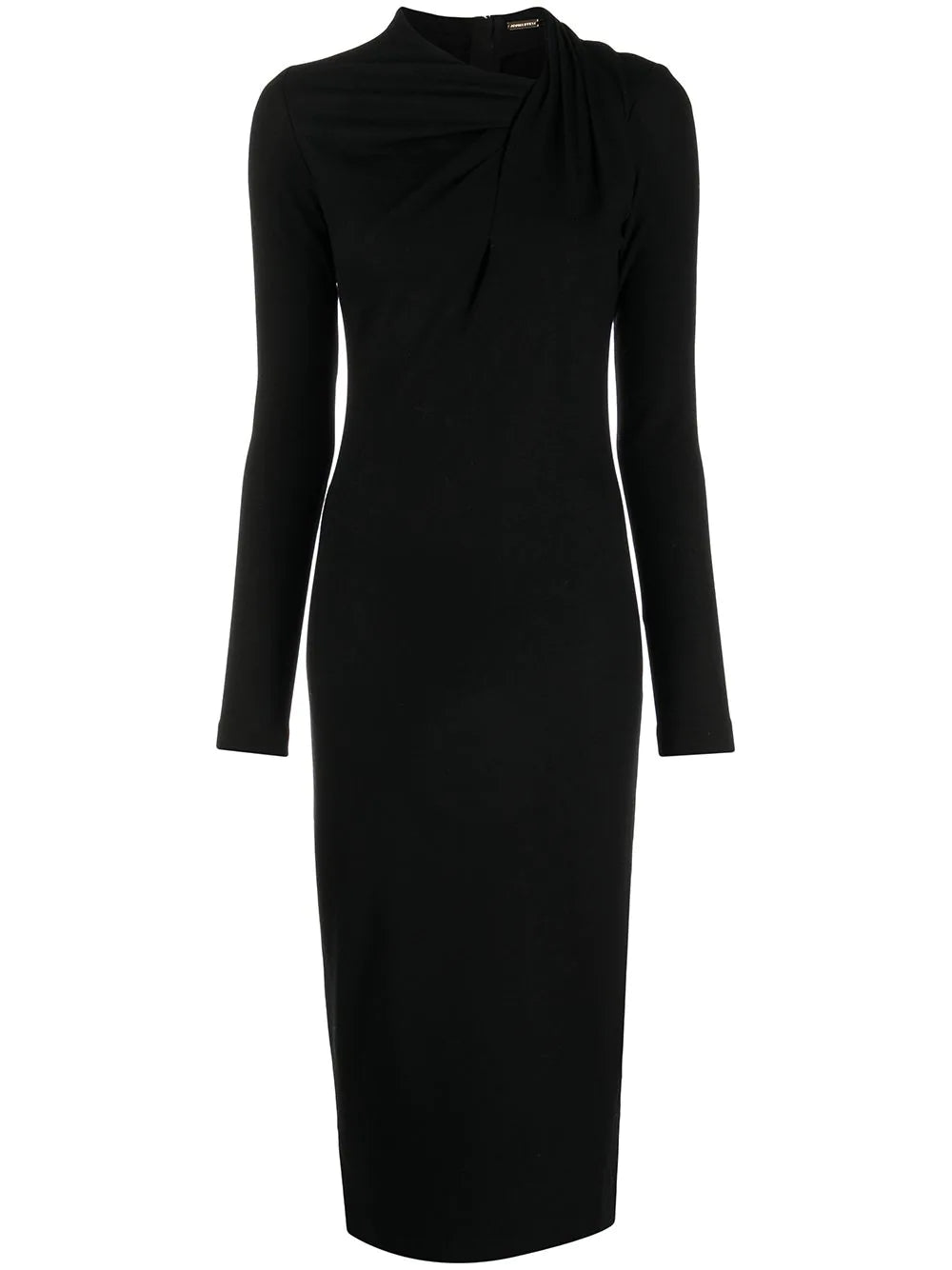 A flat lay of a black dress with detailing around the neckline.