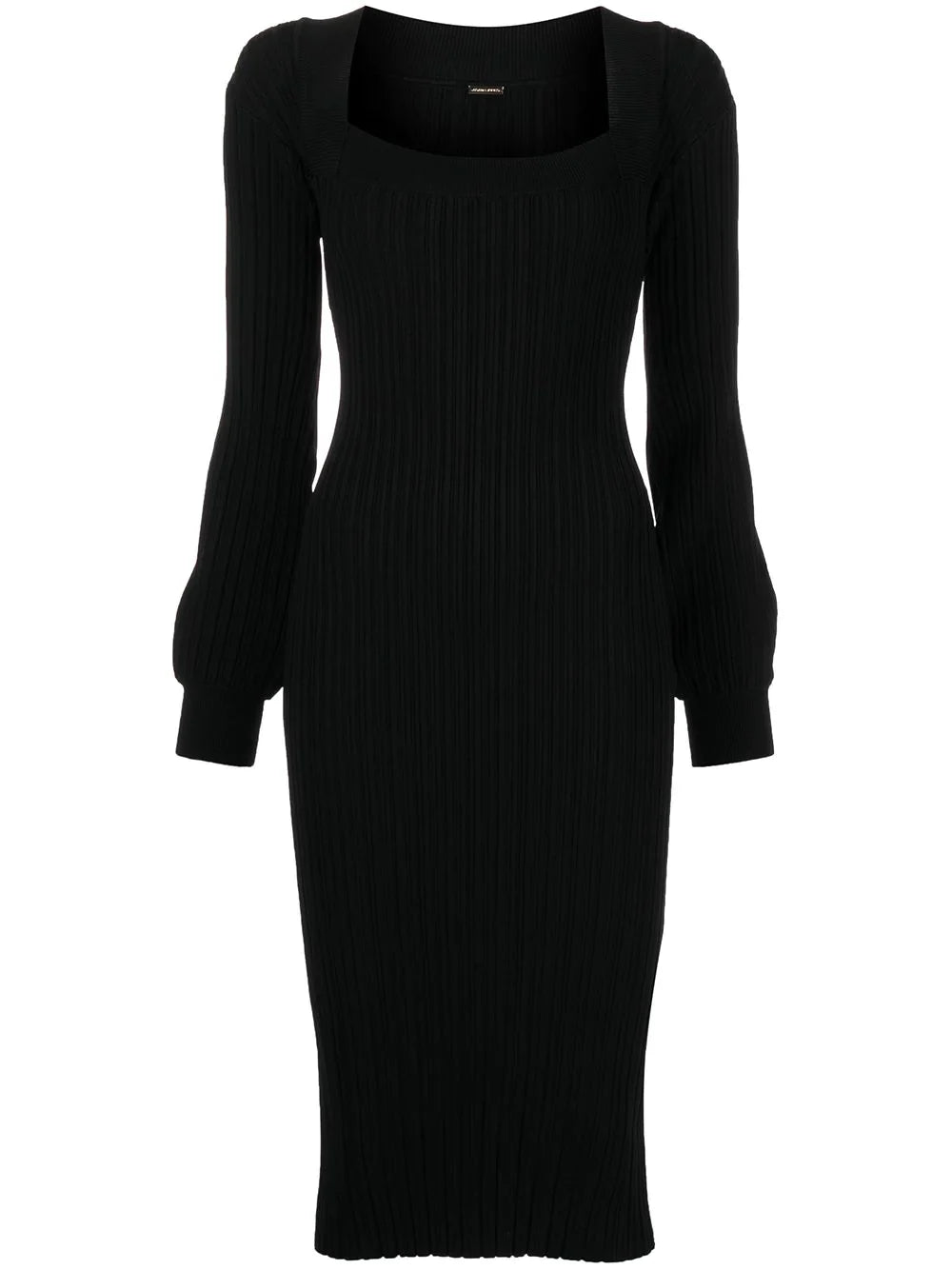 A flat-lay of a black knit dress.