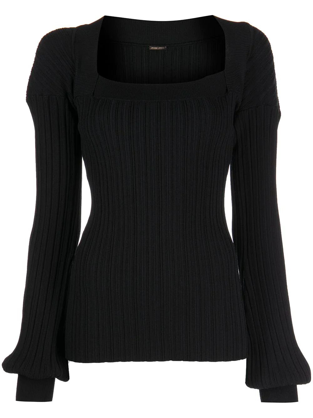 A flat-lay of a black knit long sleeve top.