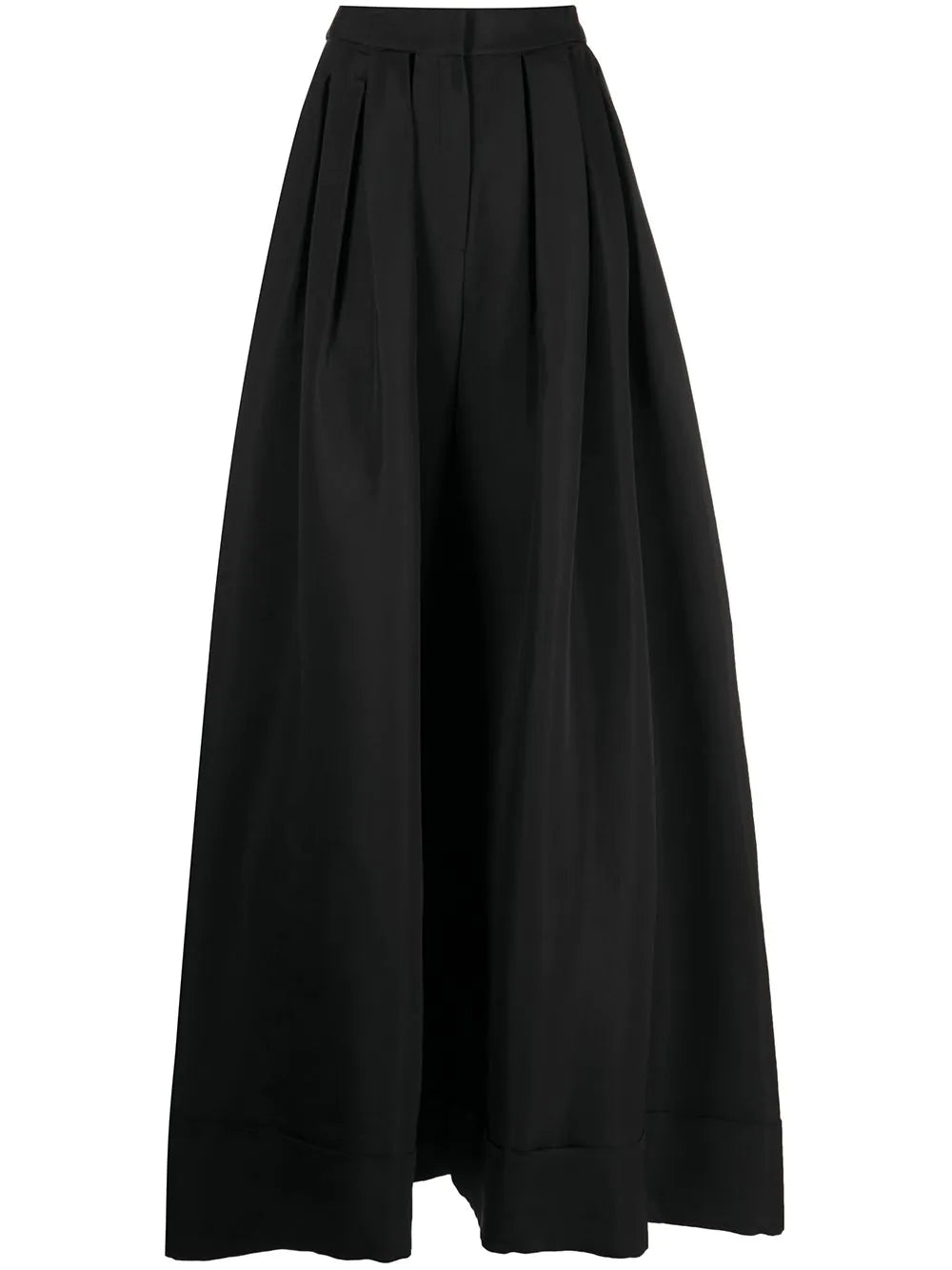 A flat lay of a pair of black pleated wide leg pants.