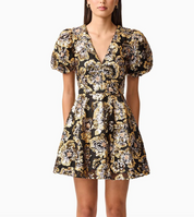 Elliatt Celeste Puff Sleeve Mini Dress - Black & Gold Size S/UK8