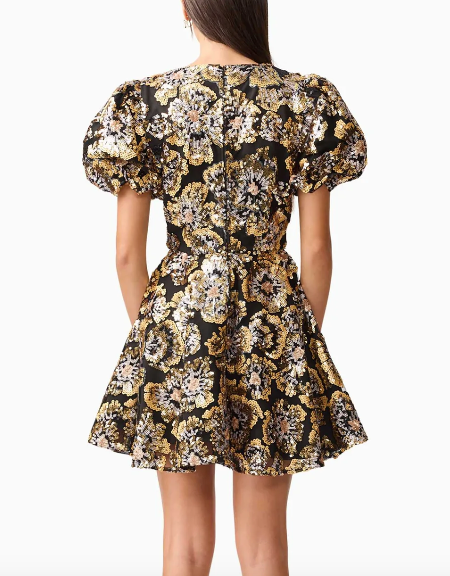 Elliatt Celeste Puff Sleeve Mini Dress - Black & Gold Size S/UK8