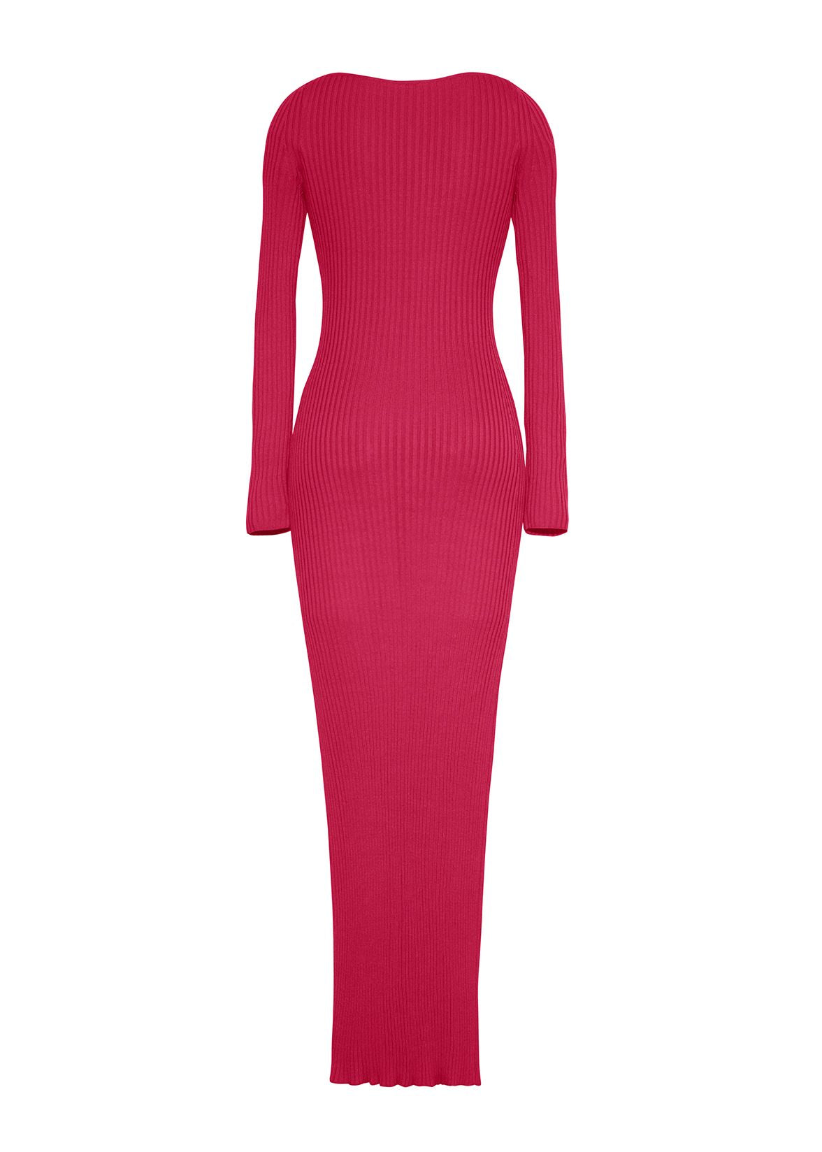 A flat lay of the back of the Florentine Dress in Silk Cashmere Ribbed Knit in hot pink.