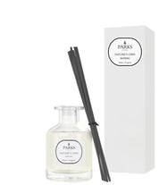 A white reed diffuser with a label reading 'PARIS' next to a white box with the word 'INSPIRING' on it, containing a clear glass bottle with a white liquid and several black reeds.