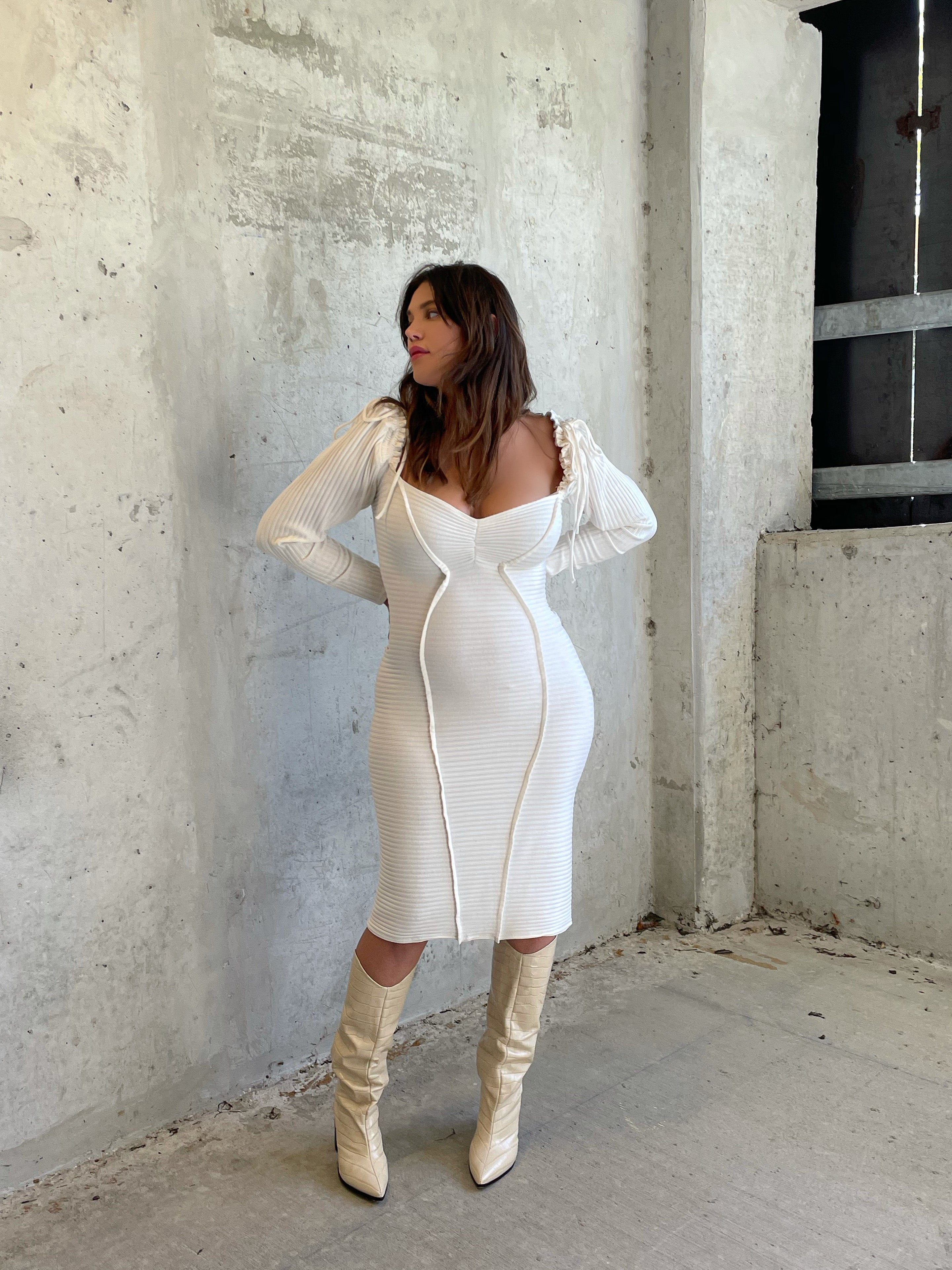 Georgia Hardinge Blaze Dress Ivory jersey rib bodycon fitted midi long sleeve white ali cutler