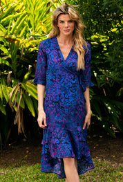 Indigo Leopard Midi Wrap Dress