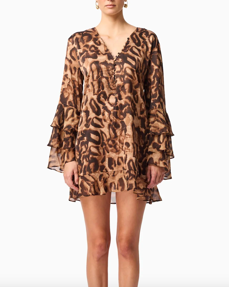 Elliatt CURAAE Zali Long Sleeve Mini Dress - Leopard Print Size S/UK8