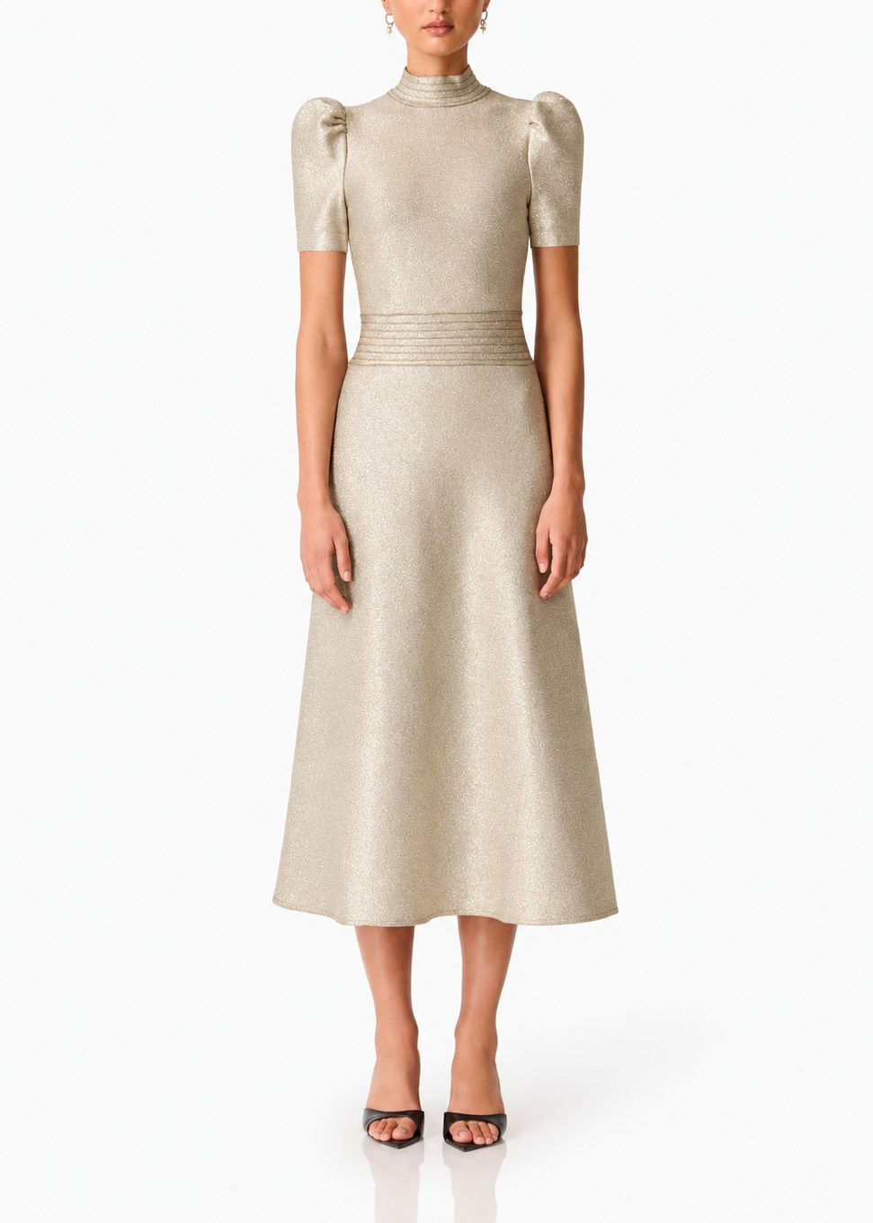Elliatt Lorna Puff Sleeve Midi Dress - Ivory/Gold Size S