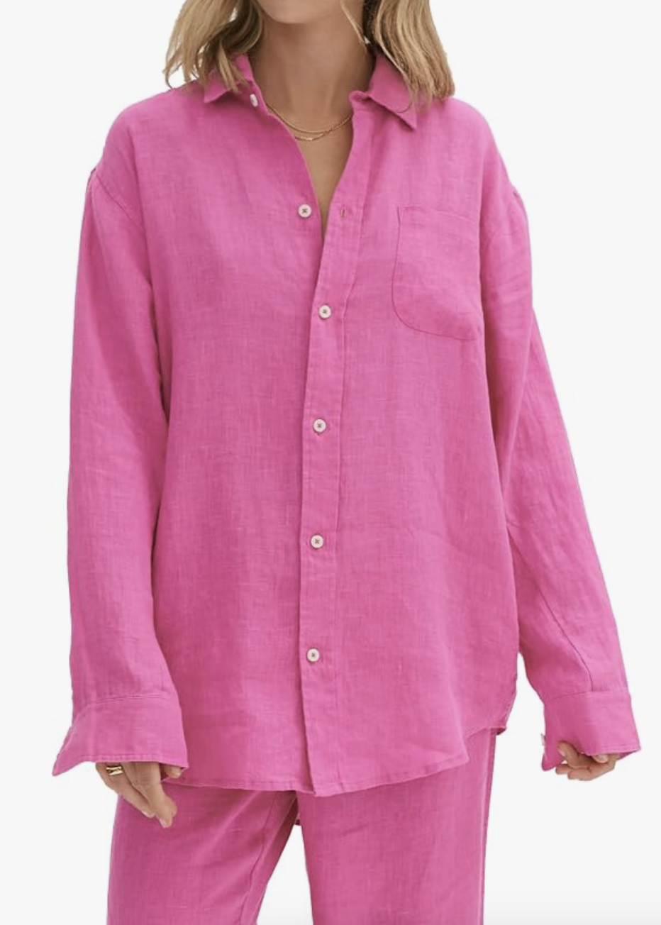 Desmond & Dempsey - CERISE Lounge Shirt in Linen - Size S