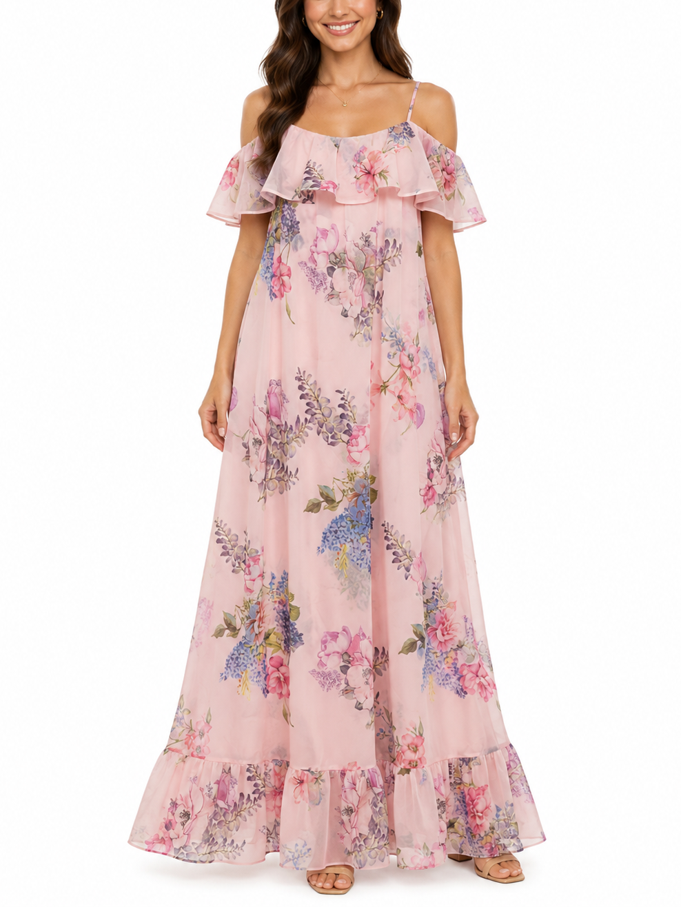 Elliatt Millie Ruffle Gown - Pink Floral Size S/UK8