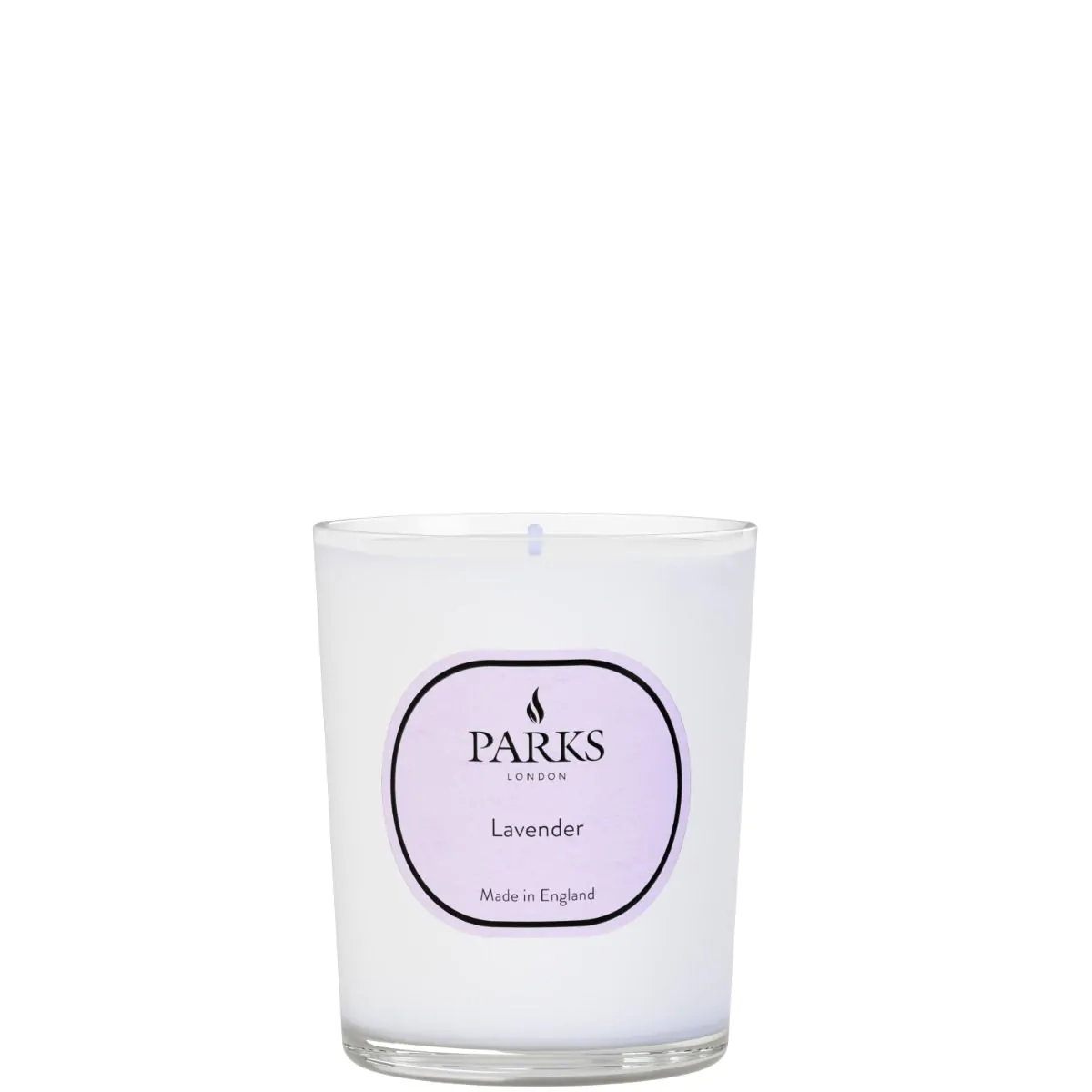 A white Parks branded lavender candle in an elegant glass vessel with a label indicating it is part of the Vintage Aromatherapy collection and made in England.