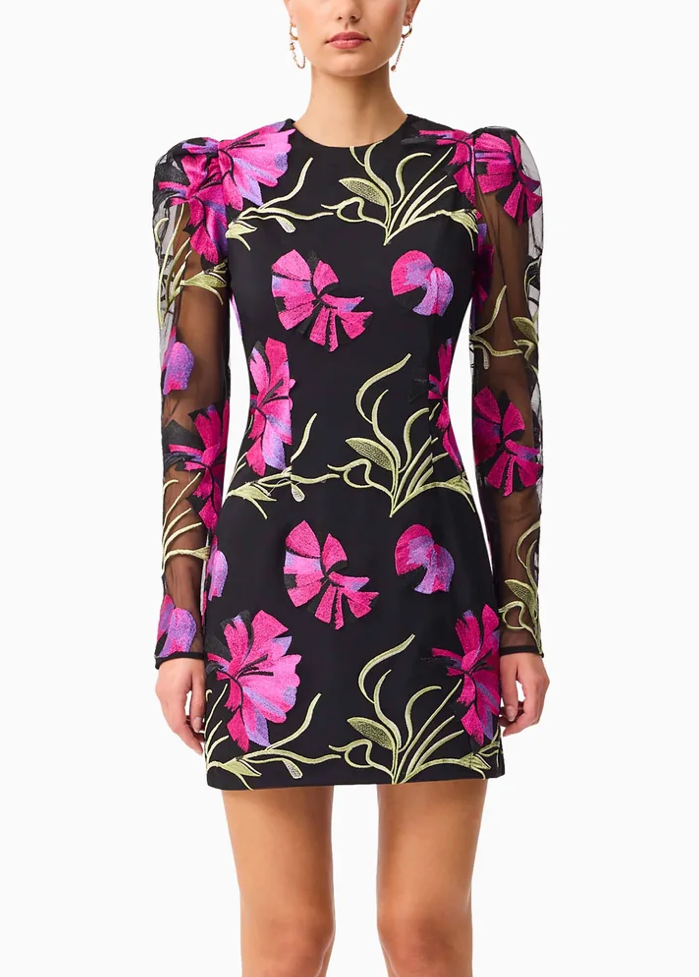 Elliatt Amaya Long Sleeve Mini Dress - Black & Pink Floral Size S