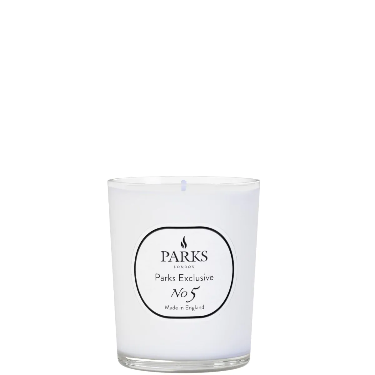 A clear glass vessel candle with a white label that reads 'PARKS Exclusive No5' and 'Made in England'.